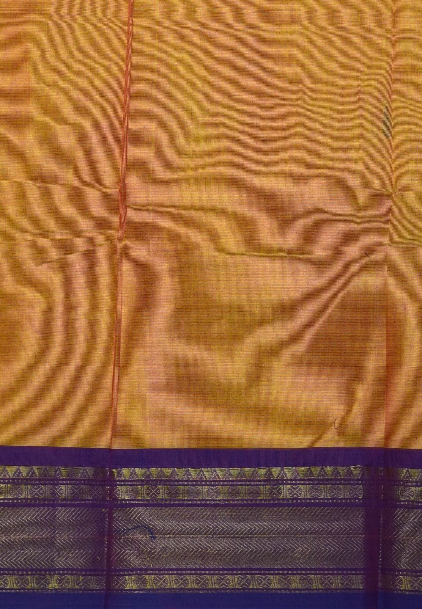 Chettinadu Cotton Saree-Yellowish Orange with Royal Purple Zari Border & Traditional Buttas