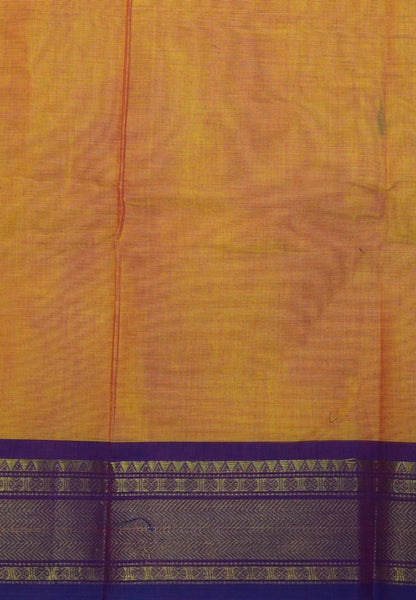 Chettinadu Cotton Saree-Yellowish Orange with Royal Purple Zari Border & Traditional Buttas