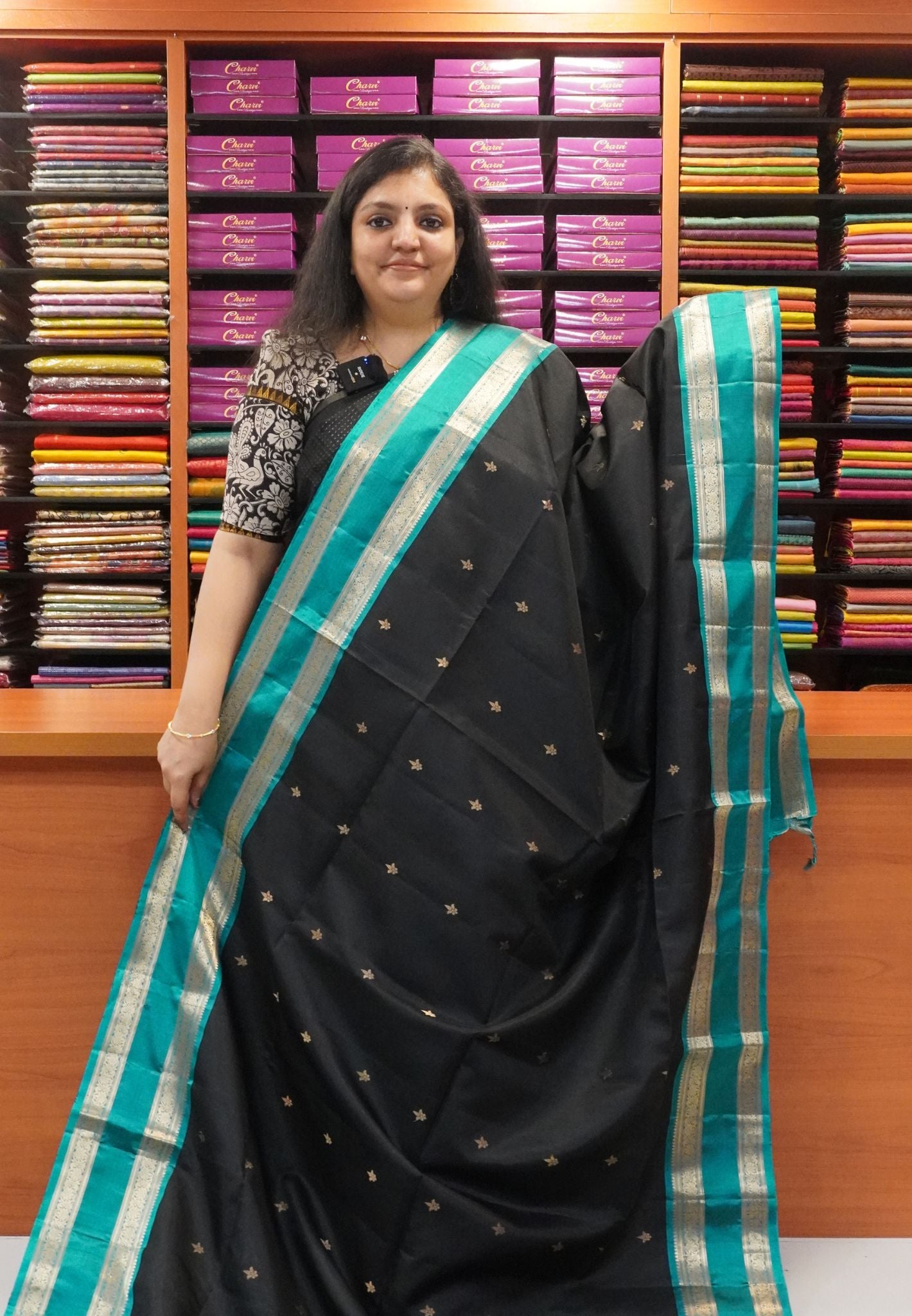 Pure Silk Saree - Black - Peacock Green
