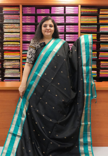 Pure Silk Saree - Black - Peacock Green
