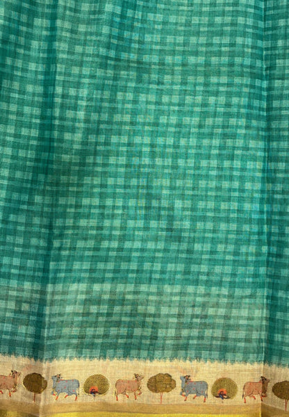 Tissue Linen Saree-Sea Green in Pichwai Cow & Peacock Motif Border