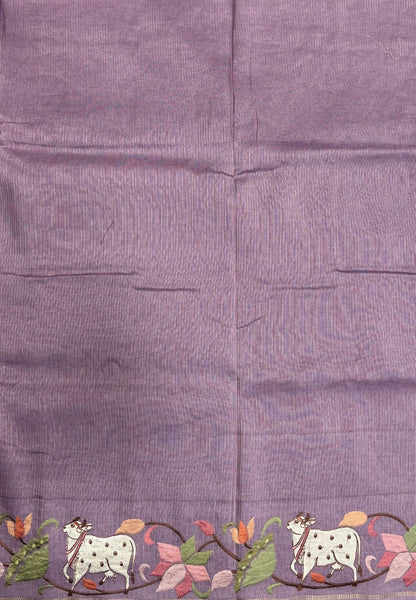 Tussar Saree-Lavender with Zari Stripes in Pichwai Embroidery Border