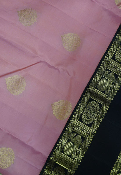 Pure Kanchipuram Silk Saree - Light peach pink-Brown with Retapet Border