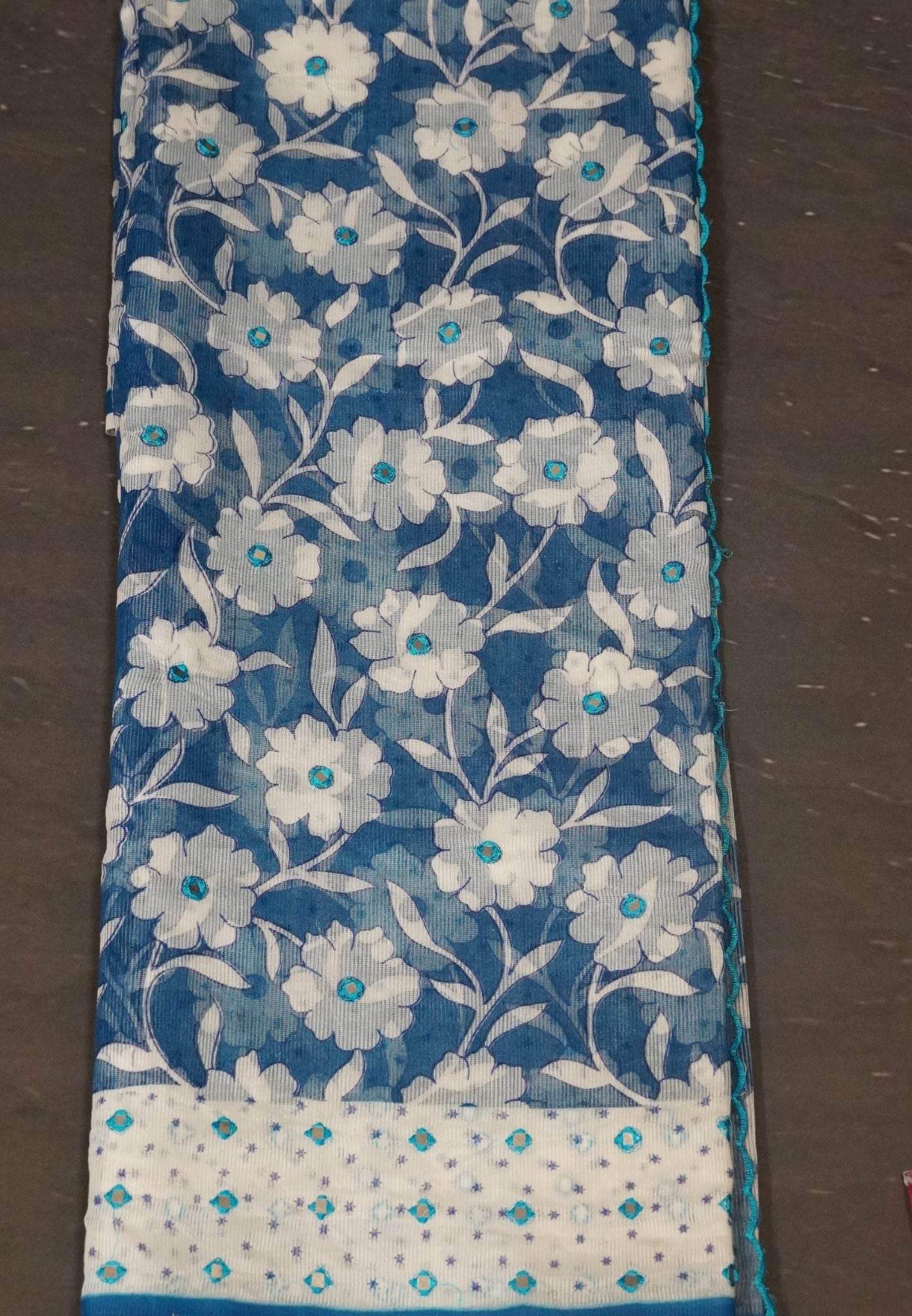 Supernet Kota Cotton Saree-Sky blue with Mirror Work