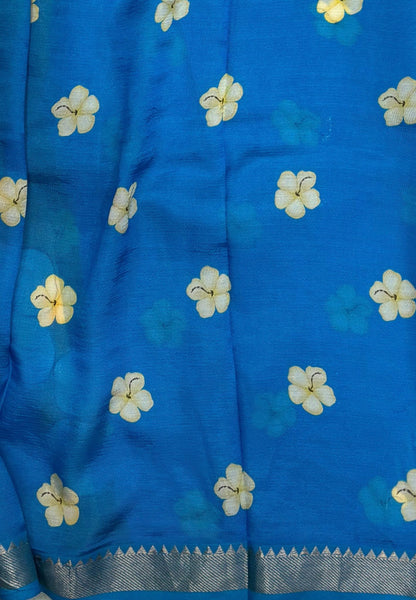 Pure Mangalgiri Silk Saree-Mango Yellow in Floral Print with Small Border