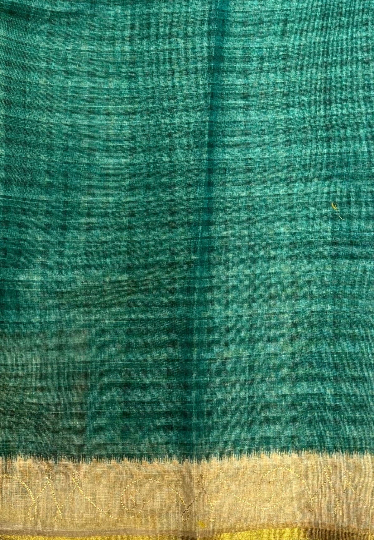 Tissue Linen Saree-Teal Green in Traditional Folk Art Printed Border