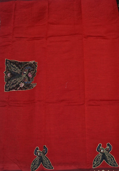 Pure Mangalgiri Silk Saree-Red in Tanjore Print with Aplique Work