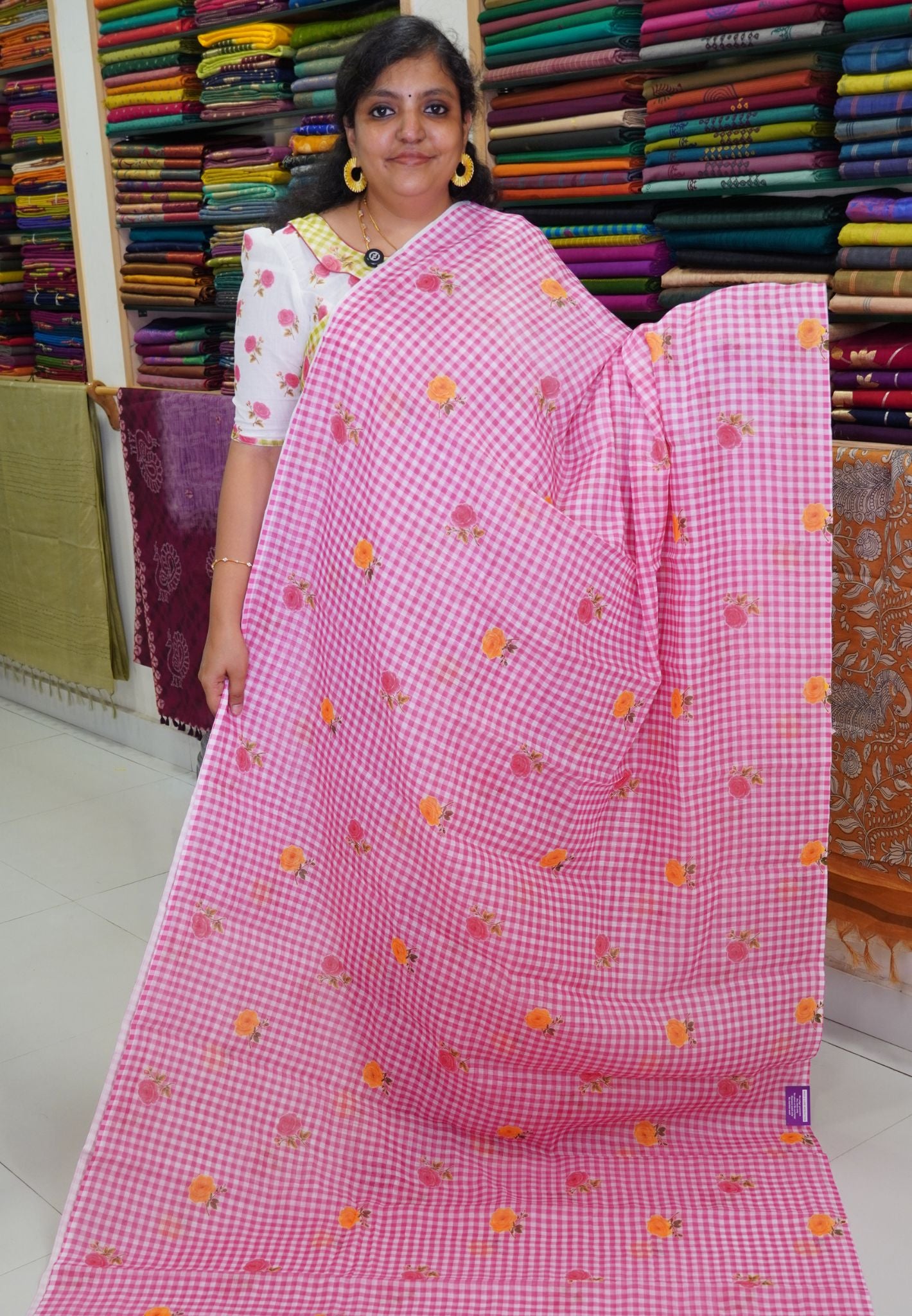 Linen Saree - Checks Pink