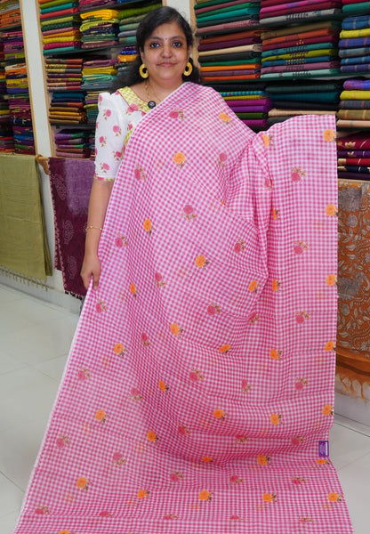 Linen Saree - Checks Pink
