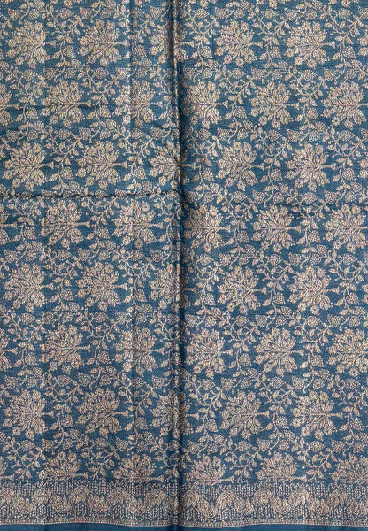 Pure Tussar Saree-Peacock Blue in Floral Vine Brocade Border