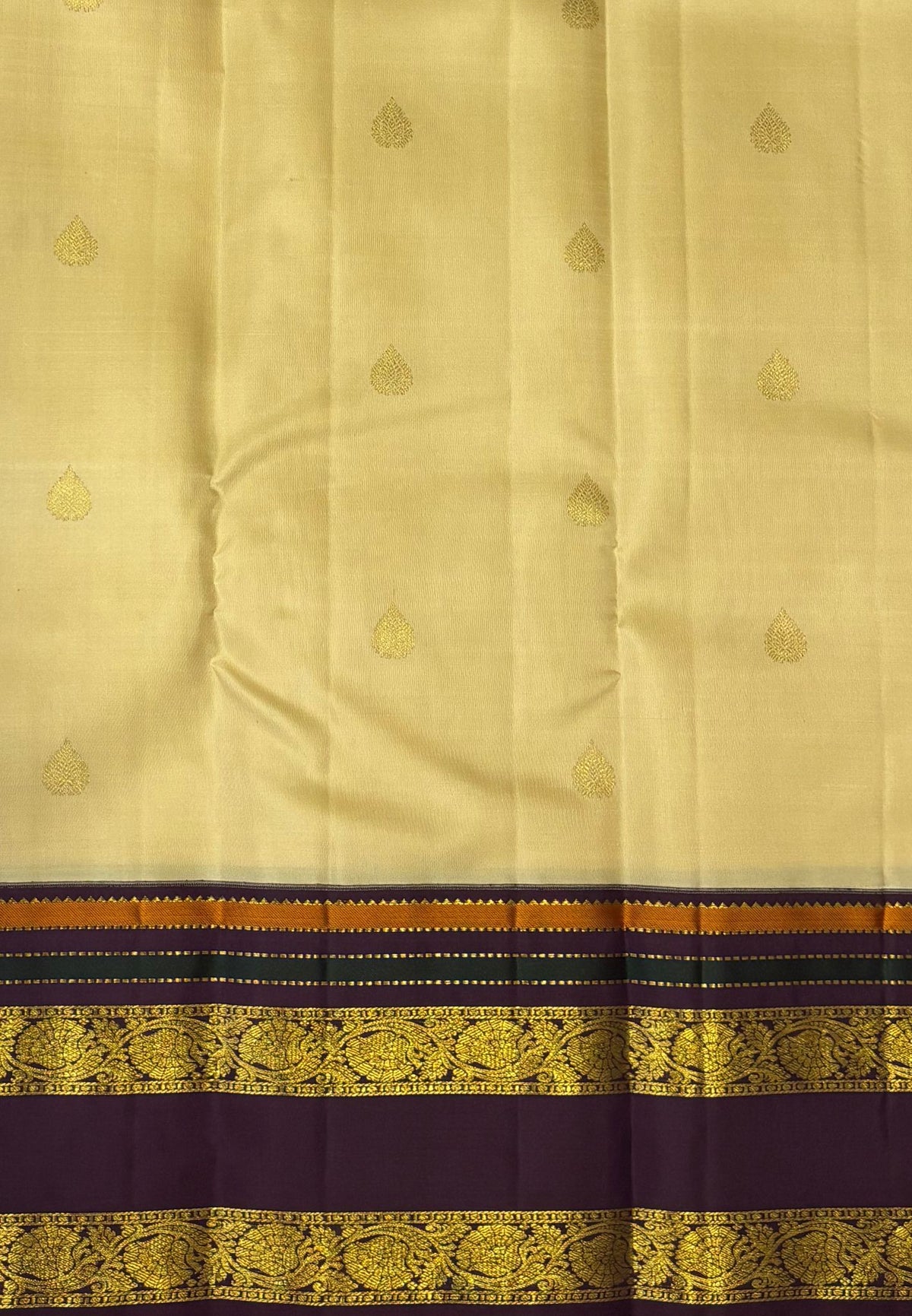 Pure Kanchipuram Silk Saree-Sandal in Floral Brocade Zari with Contrast Border