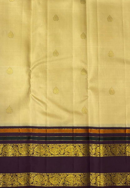 Pure Kanchipuram Silk Saree-Sandal in Floral Brocade Zari with Contrast Border