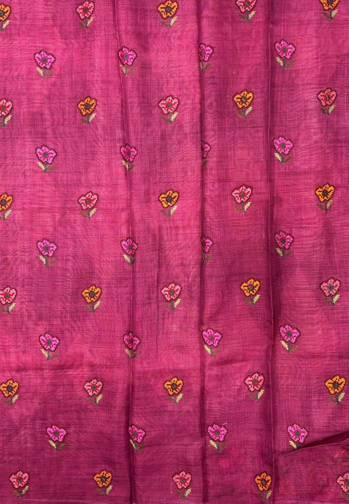 Tissue Linen Saree-Pink In Cross Stitch Floral Border