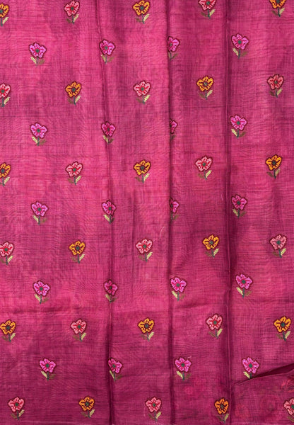Tissue Linen Saree-Pink In Cross Stitch Floral Border