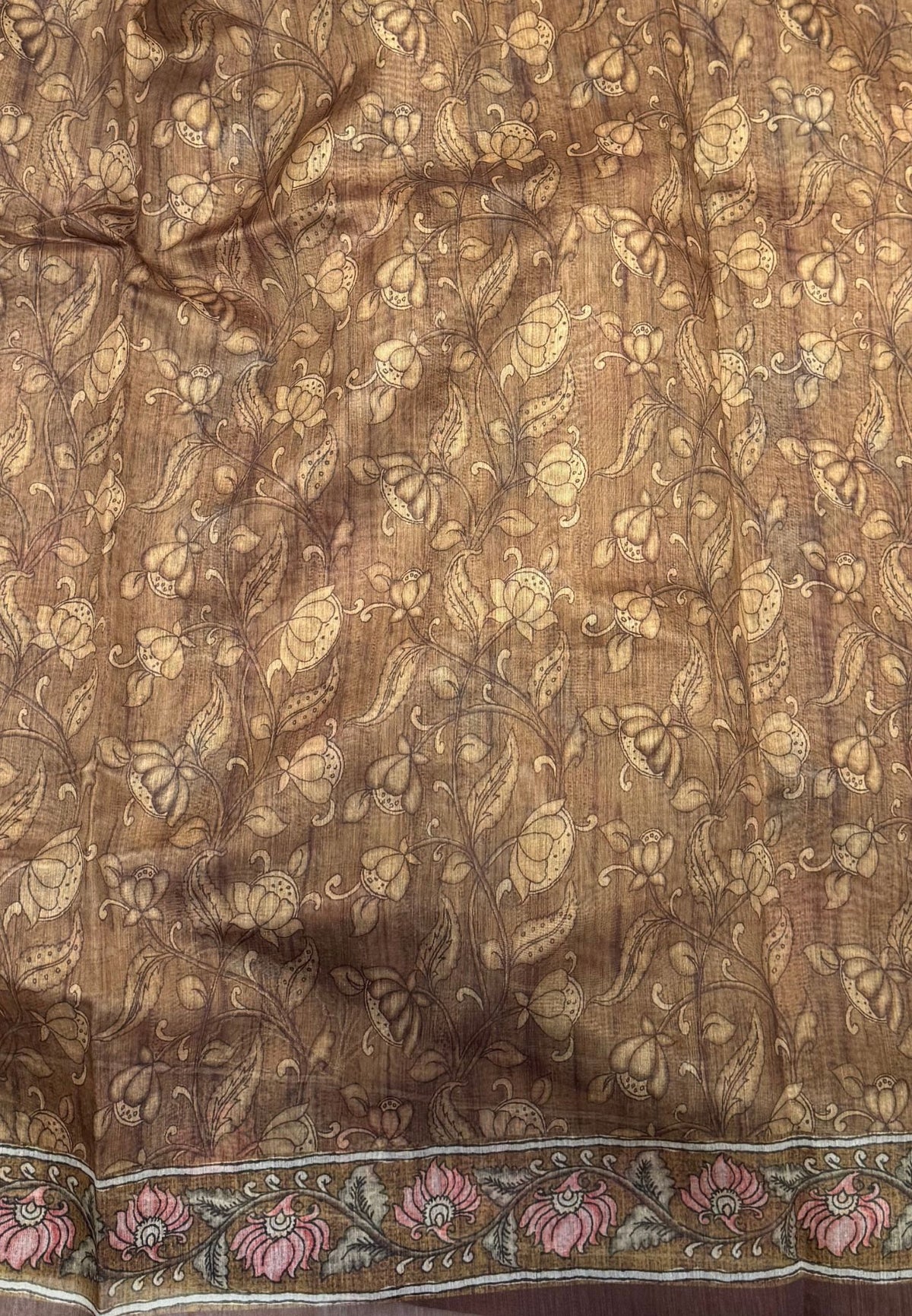 Chanderi Saree-Mustard In Floral Peacock Border