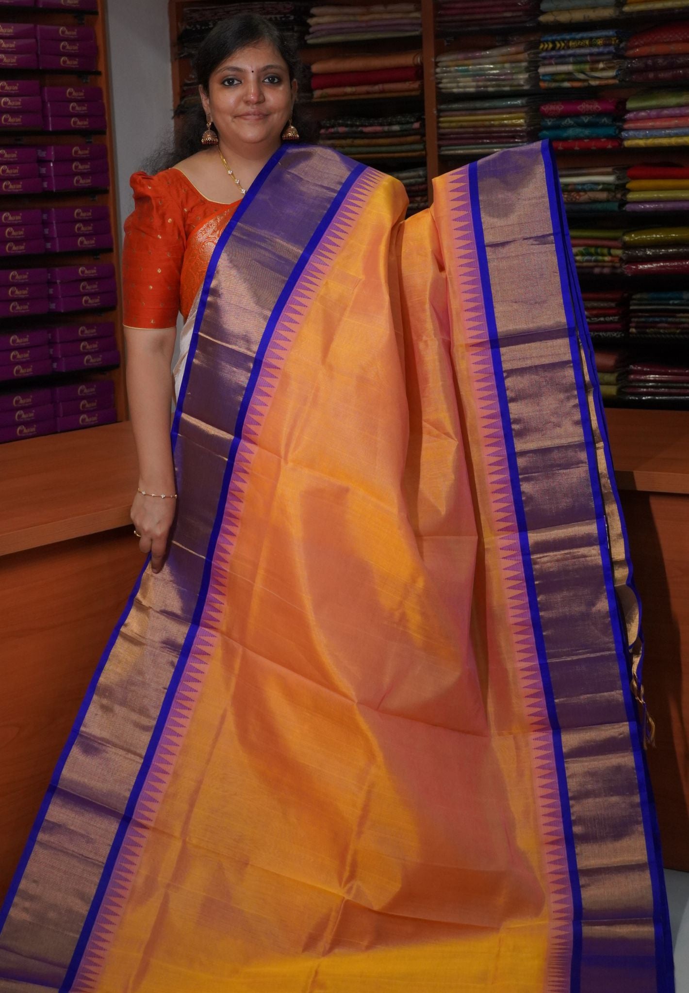 Silk Cotton Saree-Peach with Contrast Tissue Border