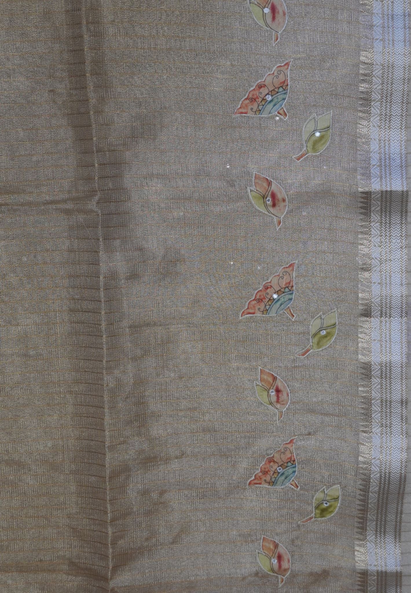 Silk Kota Saree-Sandal With Mirror and Applique Work in Pallu
