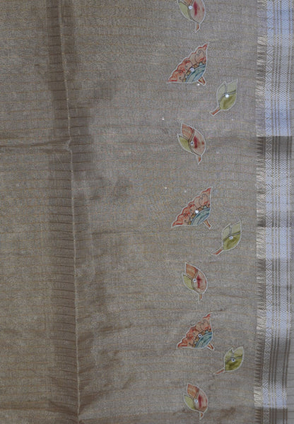 Silk Kota Saree-Sandal With Mirror and Applique Work in Pallu