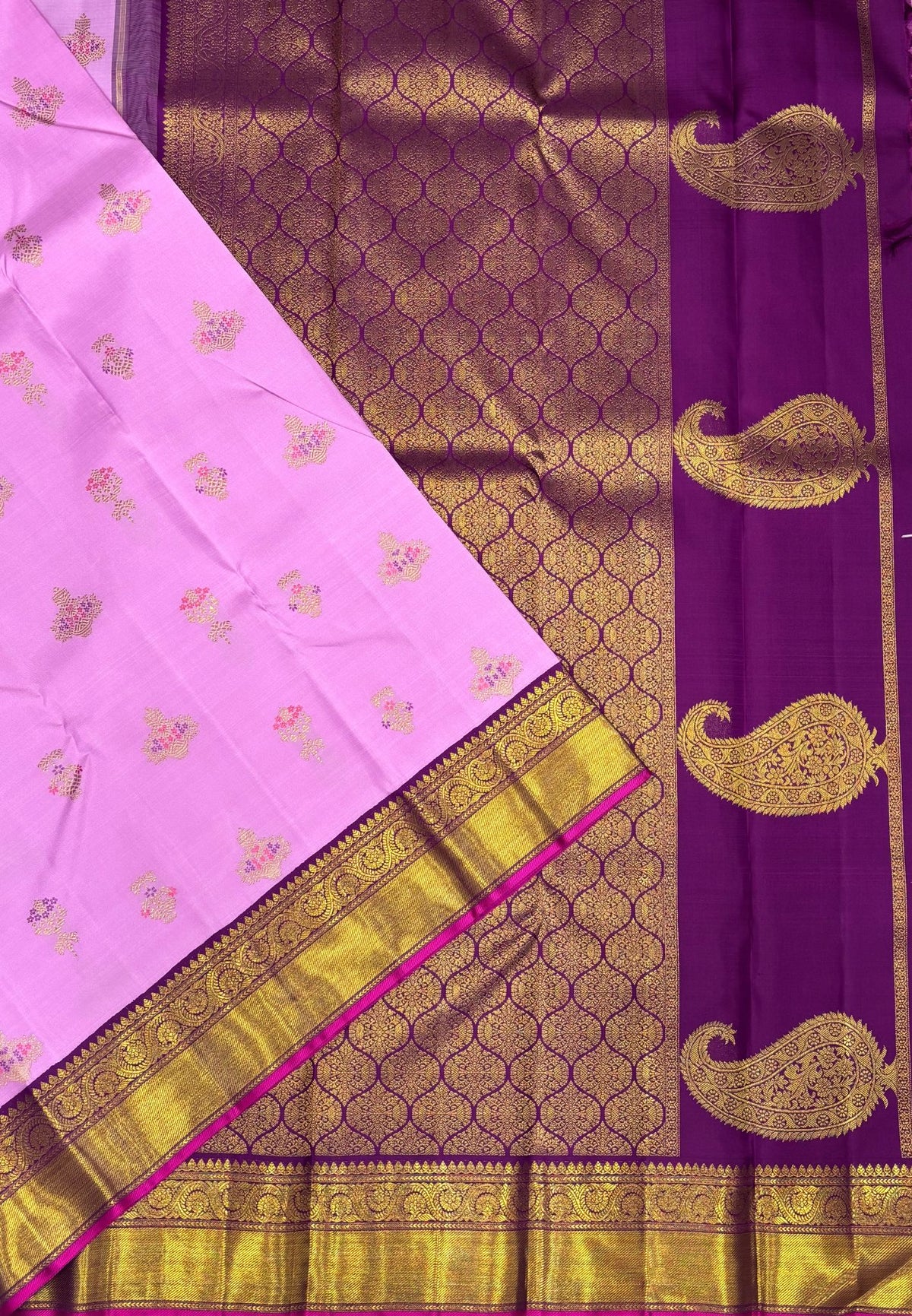 Pure Kanchipuram Silk-Lotus Pink in Paisley Butta Zari with Contrast Border