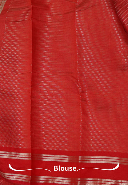 Semi Tussar Saree-Red in RainDrop Zari with Retapet Border