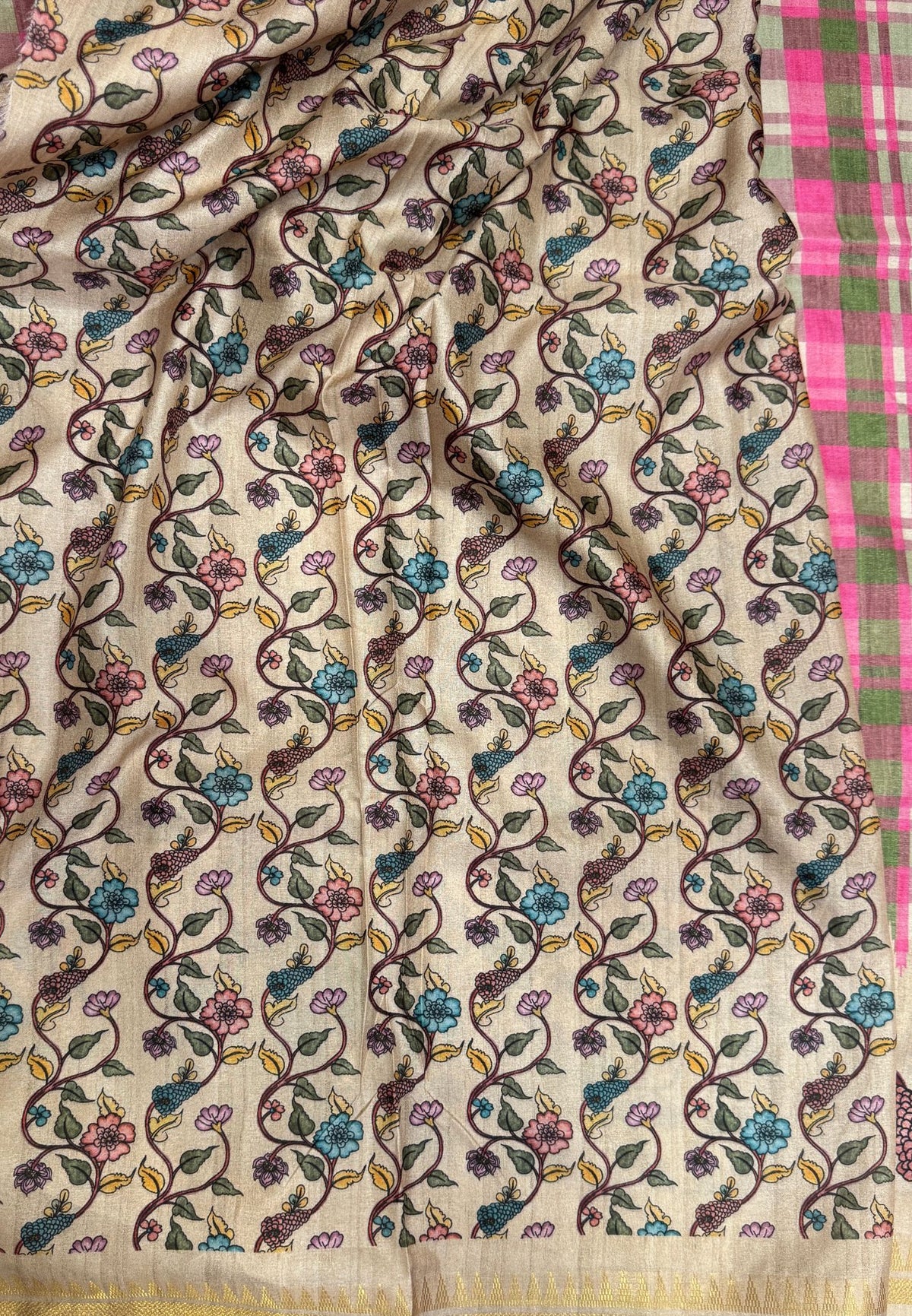 Semi Tussar Saree - Pink Madras Checks With Floral Designs