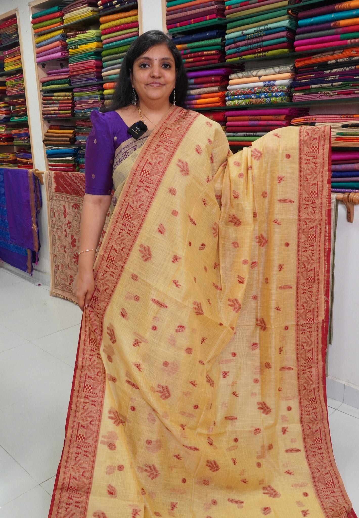 Moonga Cotton Saree Warli Pattern- Sandal