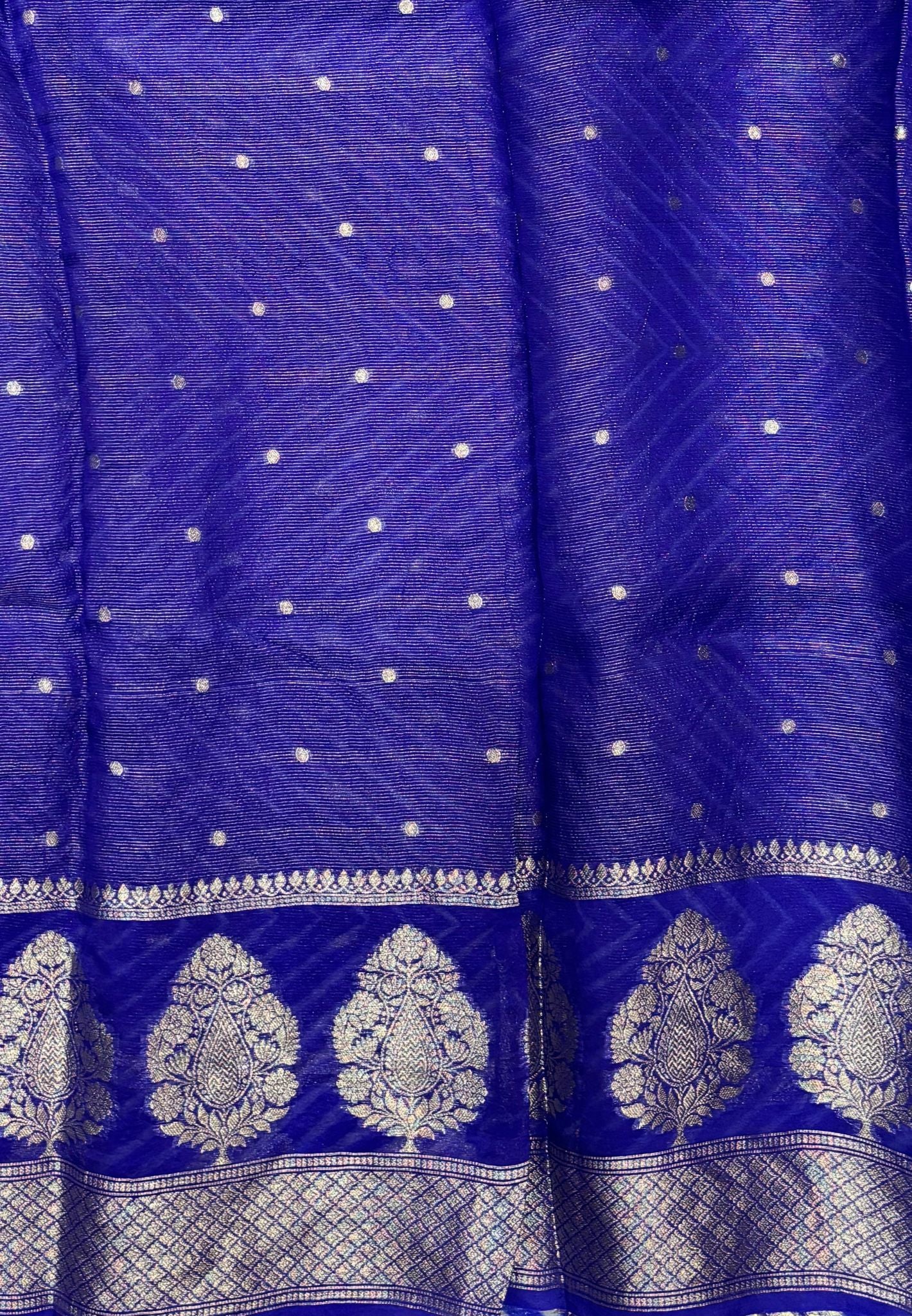 Pure Organza Tussar Saree-Blue In Paisley Leaf Vairaoosi Zari Border With Partly Pallu