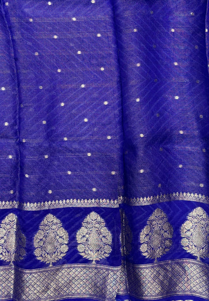 Pure Organza Tussar Saree-Blue In Paisley Leaf Vairaoosi Zari Border With Partly Pallu