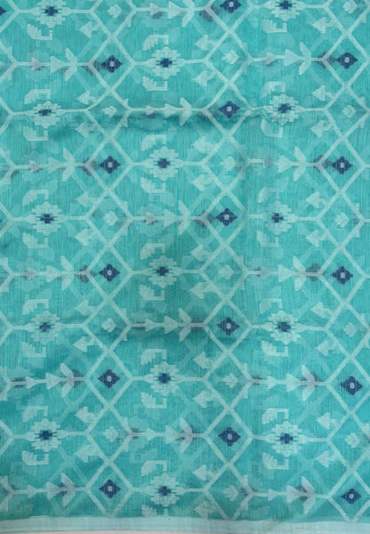 Handloom Cotton Saree-Teal Green in Diamond Pattern Border