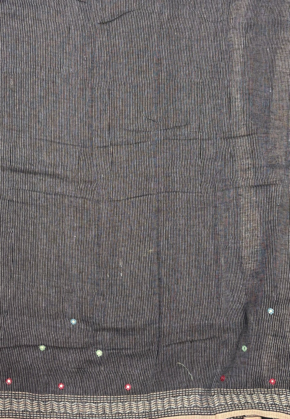 Linen Saree-Black in Kantha Mirror Work Border