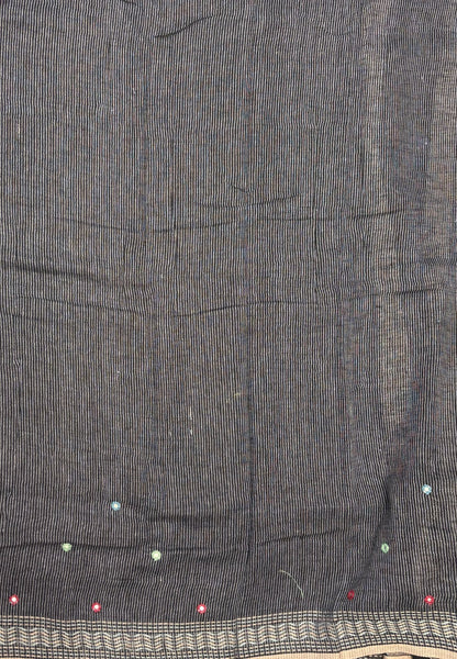 Linen Saree-Black in Kantha Mirror Work Border