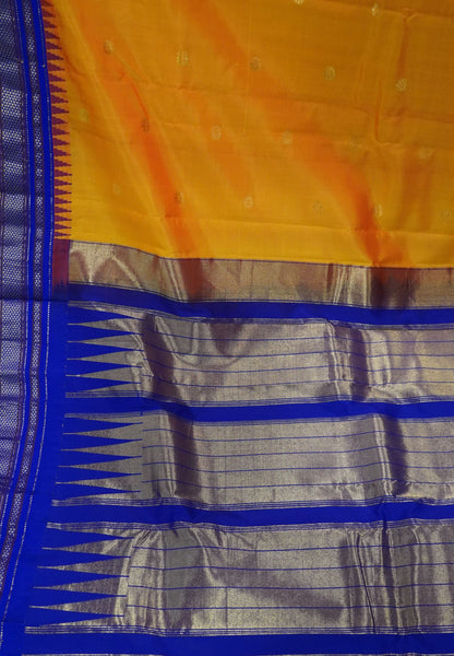 Pure Kanchipuram Silk Saree-Mango Yellow with Contrast Blue Border