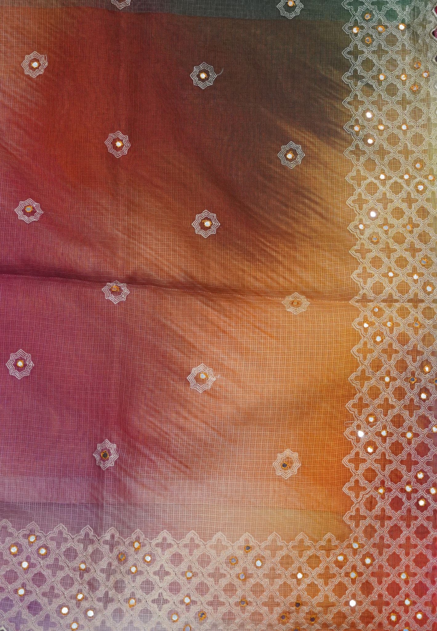 Kota Saree Green-Orange Multi Shade with Mirror Work