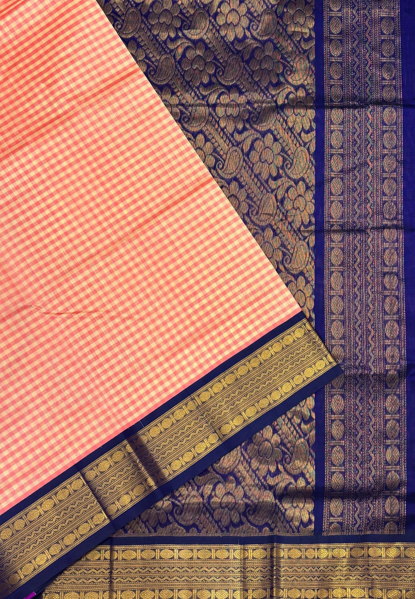 Pure Silk Cotton Saree-Peach In Kalyani Zari With Contrast Border