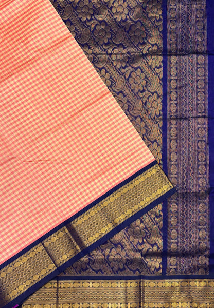 Pure Silk Cotton Saree-Peach In Kalyani Zari With Contrast Border