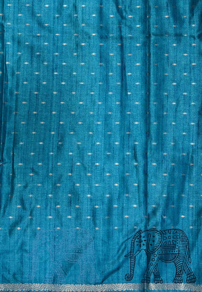 Semi Tussar Saree-Peacock Blue in Traditional Elephant Motif Zari Border
