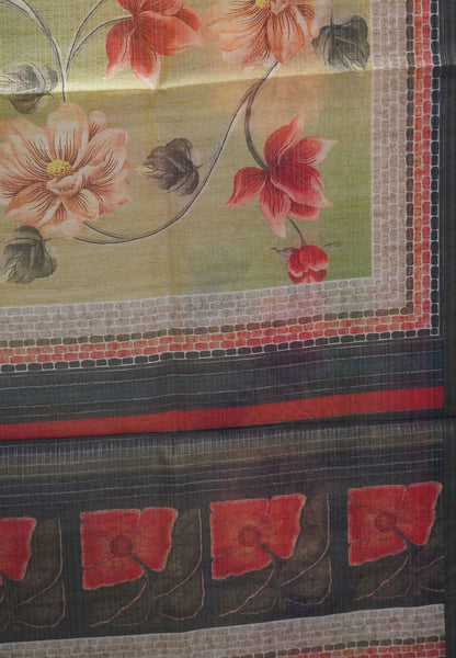 Bhagalpur Tussar  - Floral Pattern Dark Green
