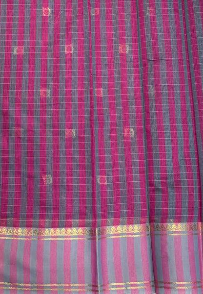 Handloom Cotton Saree-Magenta Purple in Floral Vine Border with Zari Stripes