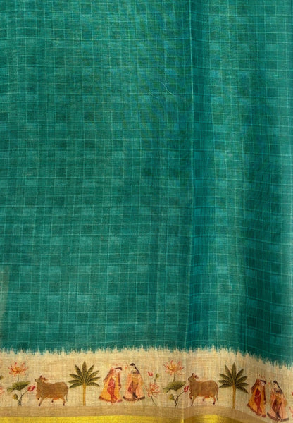 Tissue Linen Saree-Sea Green in Traditional Tribal Art Printed Border