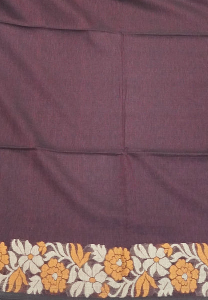 Handloom Cotton Saree-Coffe Brown Marigold Floral Jamdhani Border
