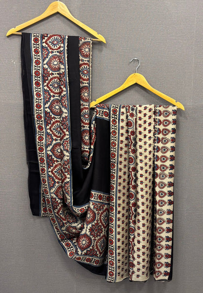 Pure Modal Silk Saree-Black & Ajrakh Printed Motifs