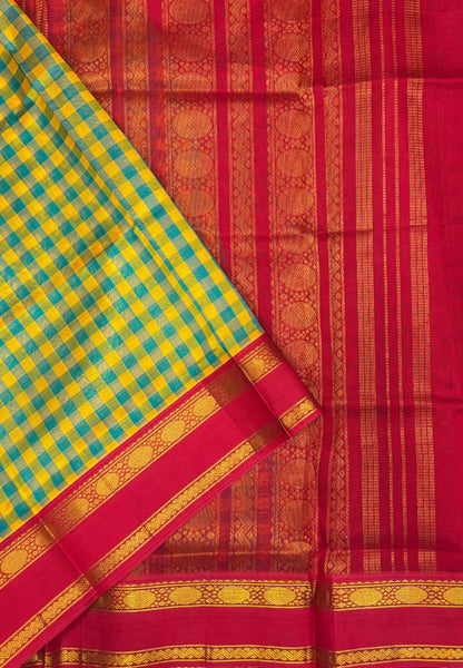 Pure Silk Cotton Saree–Ramar Green in Checked Zari with Contrast Border