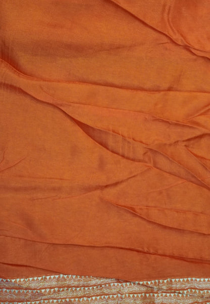 Satin Tussar Saree-Orange with Checked Elephant Border