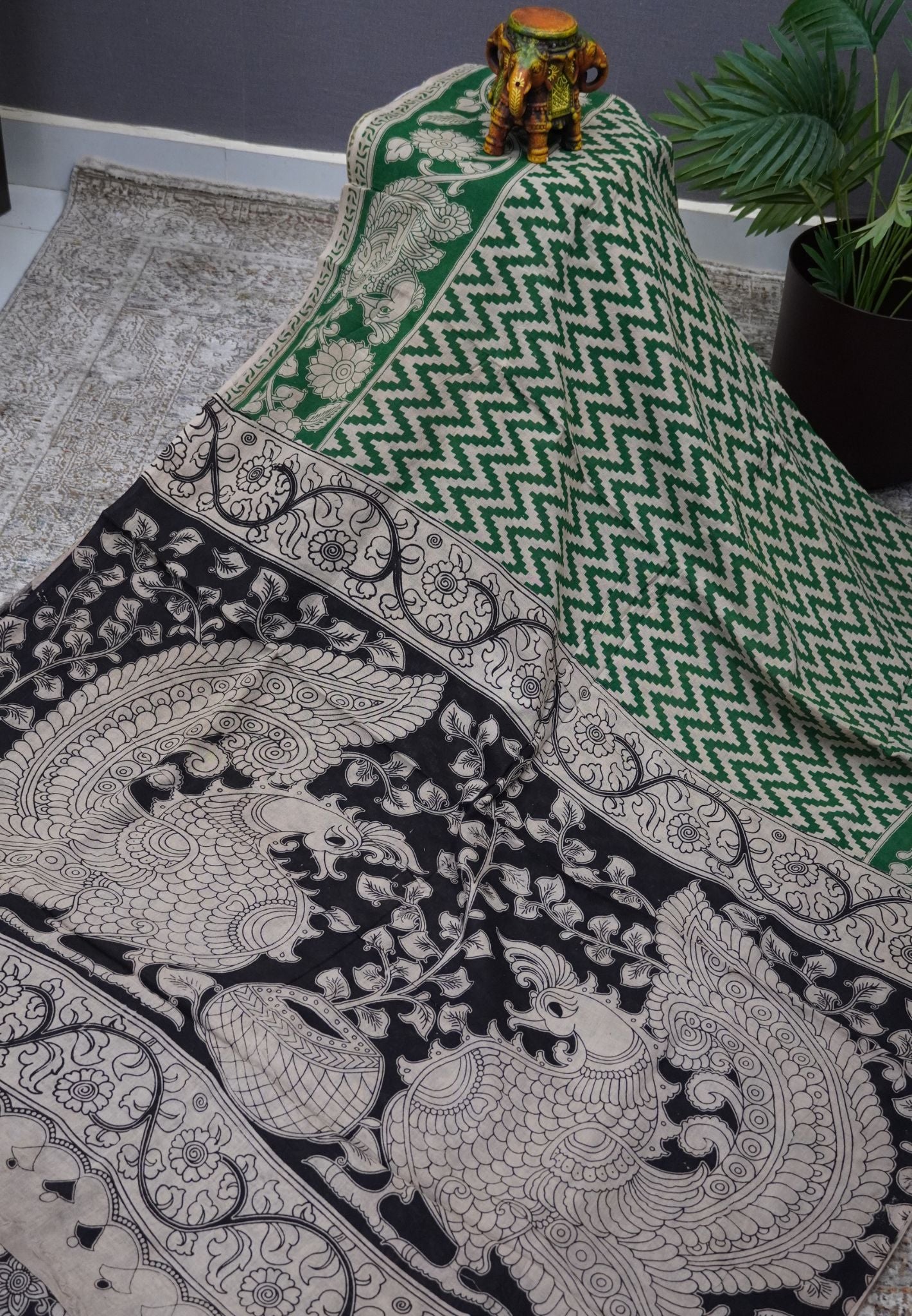 Kalamkari Cotton Saree – Green & Ivory Heritage Print