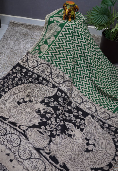 Kalamkari Cotton Saree – Green & Ivory Heritage Print
