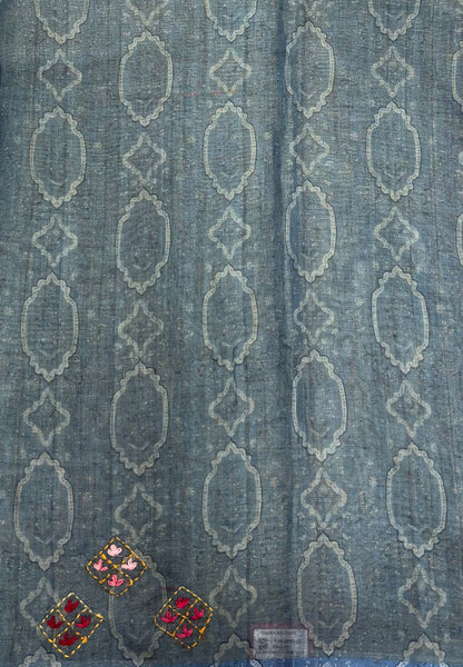 Tissue Linen Saree-Blue in Phulkari Embroidery Border