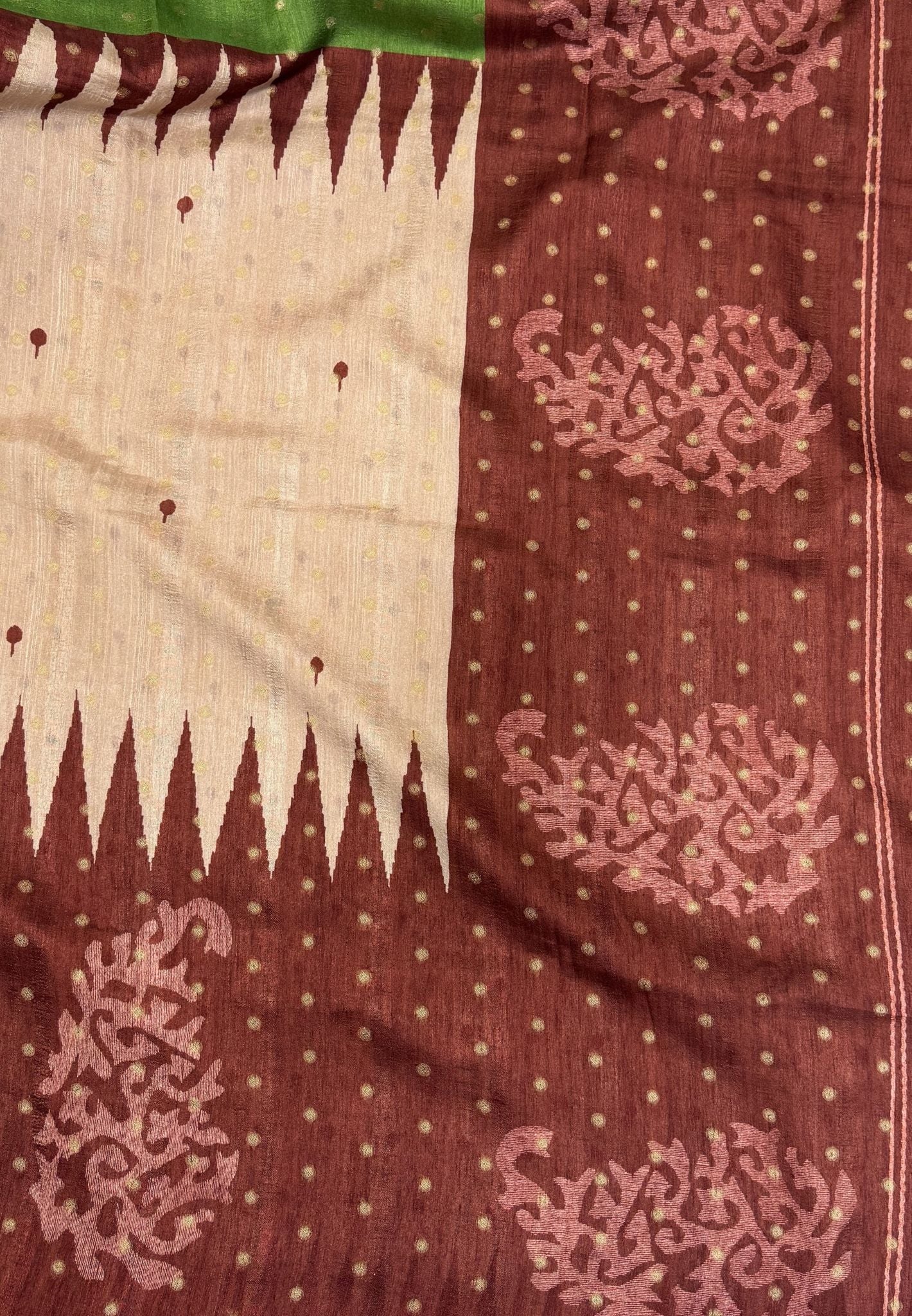 Soft Tussar Saree-Beige-Brown In Zigzag Temple Inspired Border