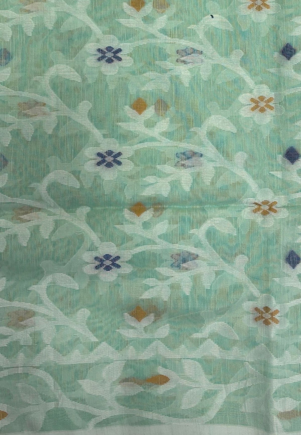 Dhakai Jamdhani Cotton Saree-Light Sea Green In Floral Vine Zari Border