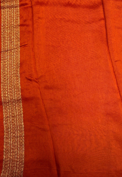 Banarasi Tussar Saree-Rust Orange in Floral Brocade Zari Border
