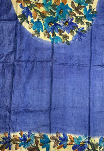 Pure Tussar Saree-Blue In Stripe French Knot Border